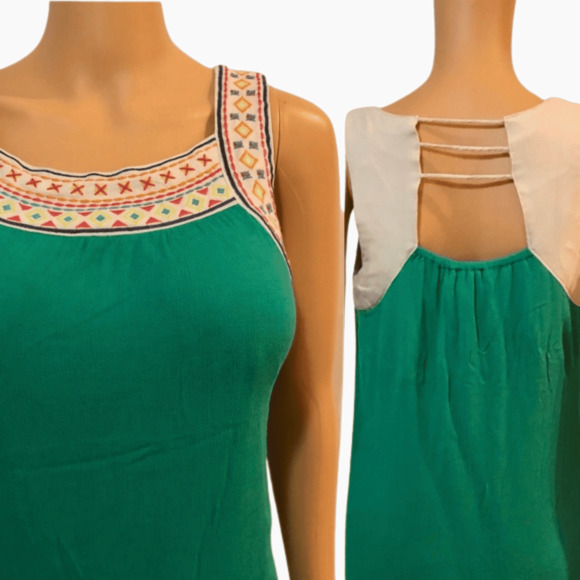 Flying Tomato Green Mini Sundress Boho Open Back Pattern Straps Sz 4 - Picture 6 of 10